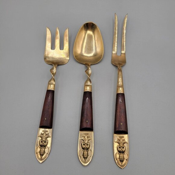 S Samran Other - Siam Rosewood and Brass Serving Utensils Twist Handle Three Pieces